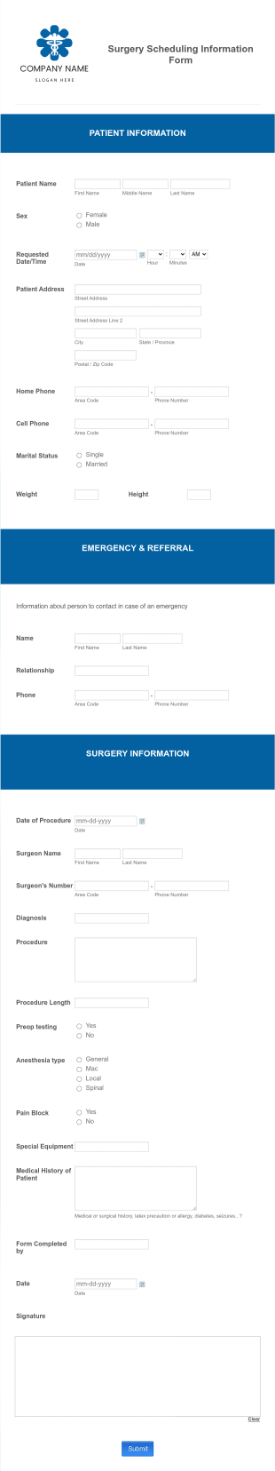 Surgery Scheduling Information Form Template