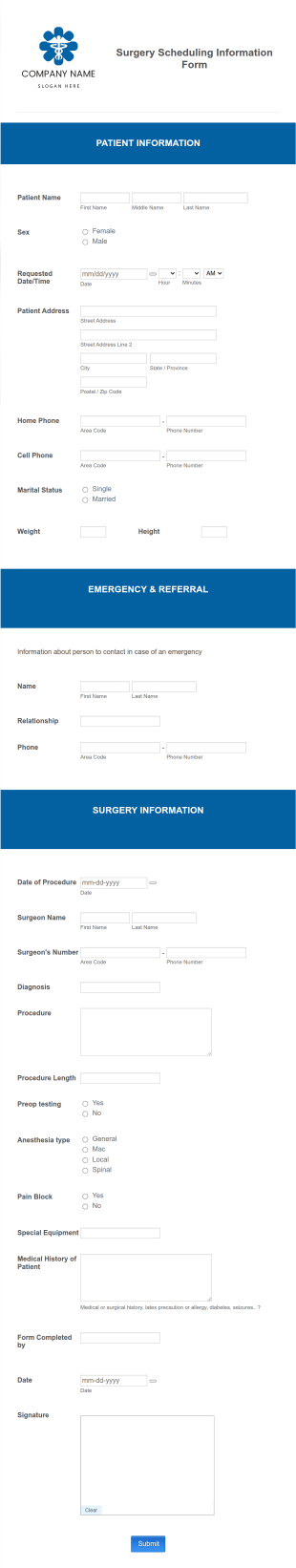 Surgery Scheduling Information Form Template