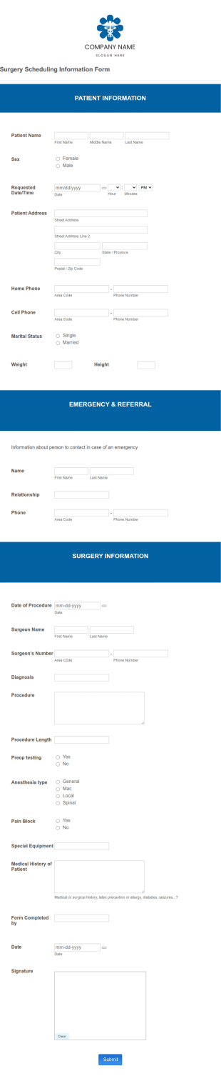 Surgery Scheduling Information Form Template