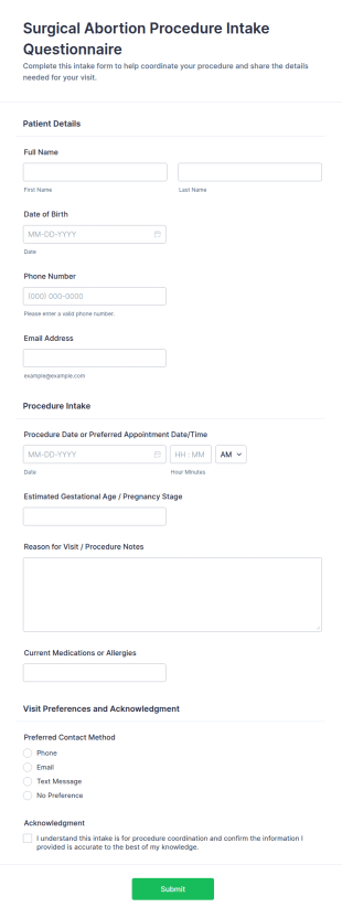 Surgical Abortion Procedure Intake Questionnaire Form Template