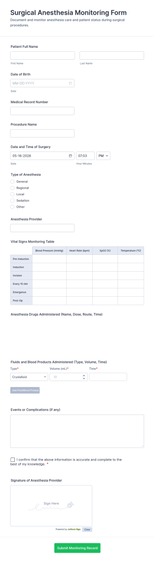 Surgical Anesthesia Monitoring Form Template