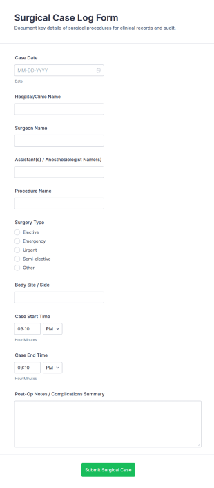Surgical Case Log Form Template