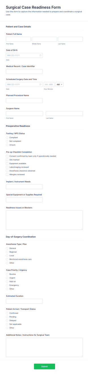 Surgical Case Readiness Form Template