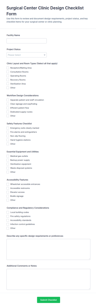 Surgical Center Clinic Design Checklist Form Template