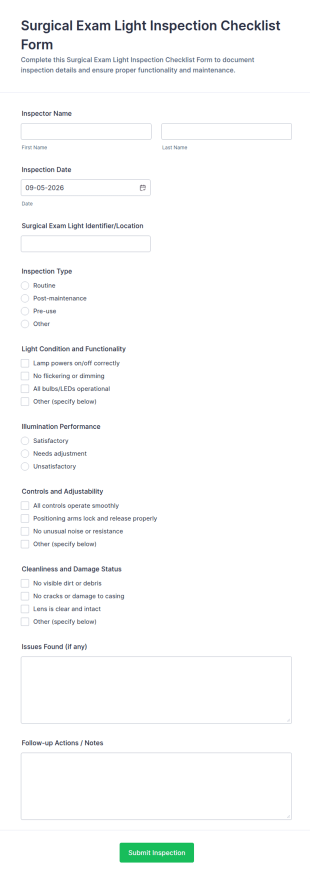 Surgical Exam Light Inspection Checklist Form Template