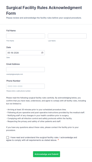 Surgical Facility Rules Acknowledgment Form Template