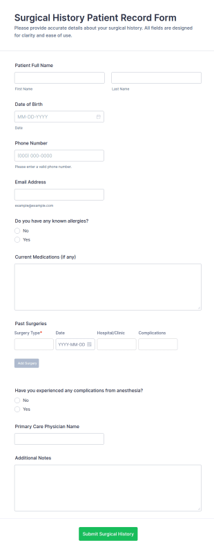 Surgical History Patient Record Form Template