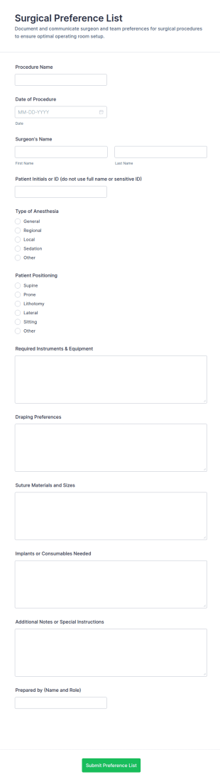 Surgical Preference List Form Template