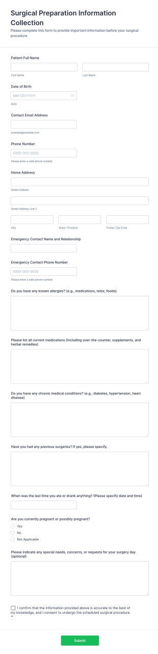 Surgical Preparation Information Collection Form Template