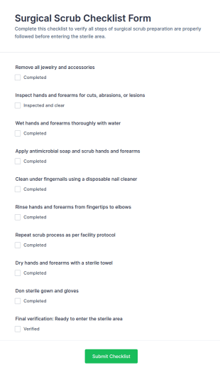 Surgical Scrub Checklist Form Template
