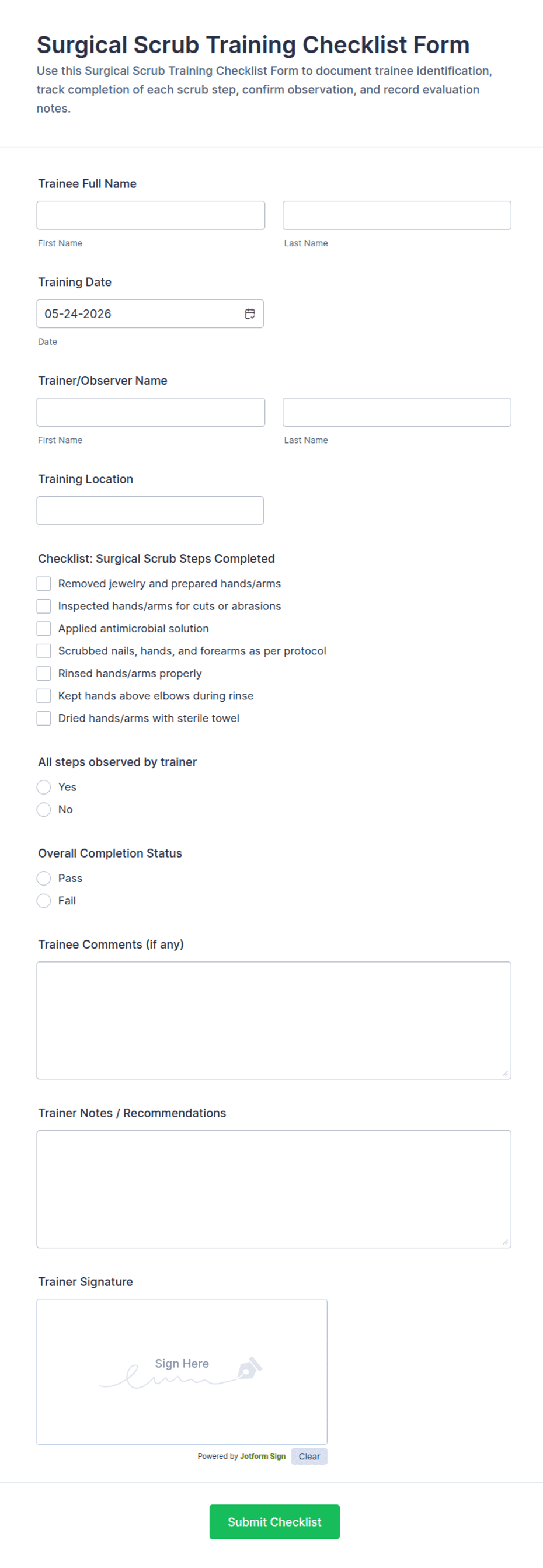 Scrub Form Surgical Scrub Training Checklist Form Template | Jotform