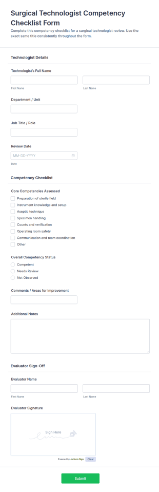 Surgical Technologist Competency Checklist Form Template
