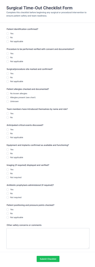 Surgical Time Out Checklist Form Template