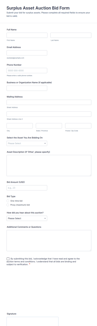 Surplus Asset Auction Bid Form Template