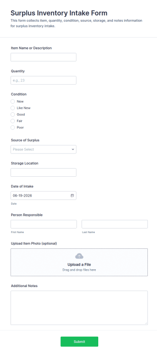 Surplus Inventory Intake Form Template