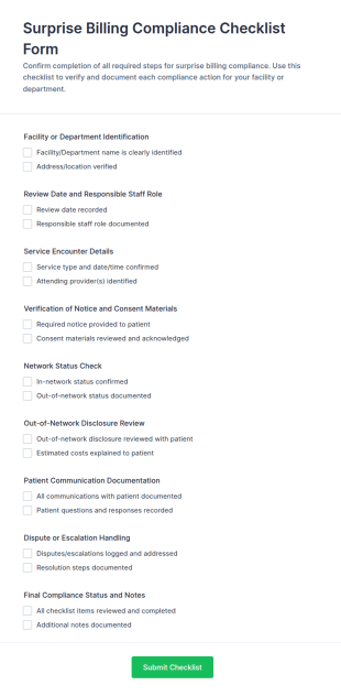 Surprise Billing Compliance Checklist Form Template
