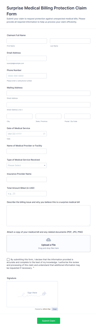 Surprise Medical Billing Protection Claim Form Template