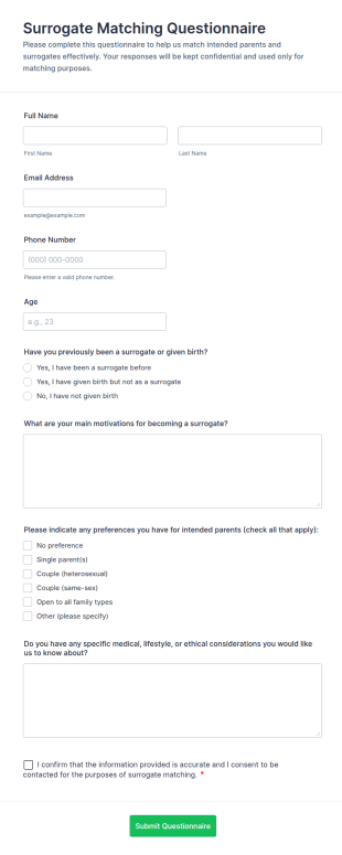 Surrogate Matching Questionnaire Form Template