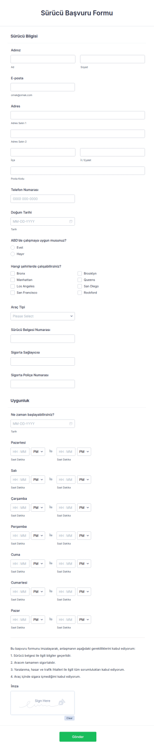 Sürücü Başvuru Form Şablonu