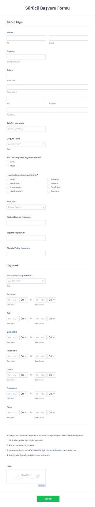Sürücü Başvuru Form Şablonu
