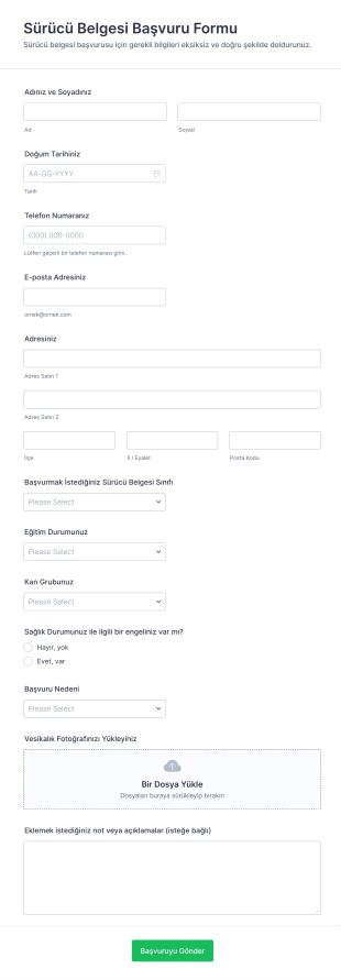 Sürücü Belgesi Başvuru Form Şablonu