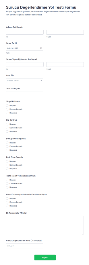 Sürücü Değerlendirme Saha Testi Formu 🚗 Form Şablonu