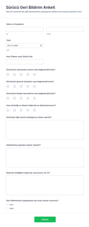 Sürücü Geri Bildirim Anketi Form Şablonu