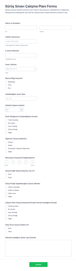 Sürücü Sınavı Çalışma Planı Form Şablonu
