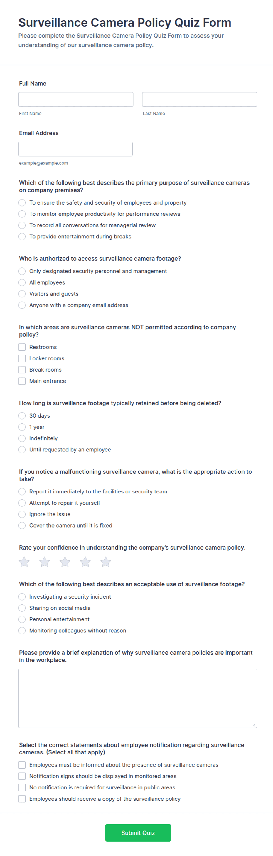 Surveillance Camera Policy Quiz Form Template | Jotform