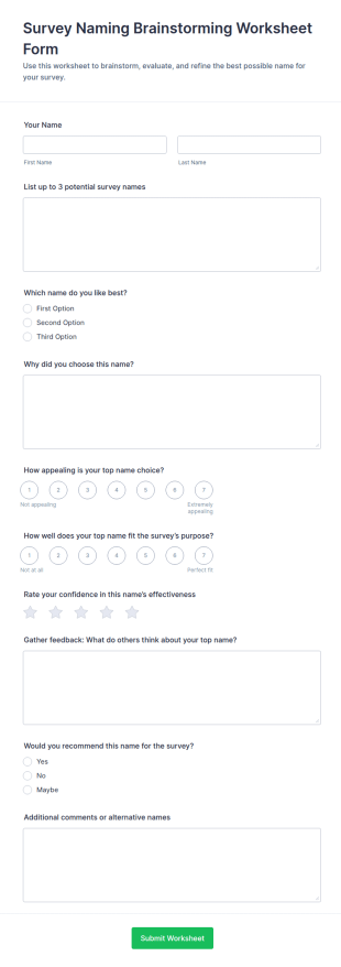 Survey Naming Brainstorming Worksheet Form Template