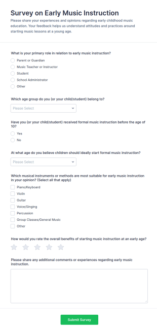 Survey On Early Music Instruction Form Template