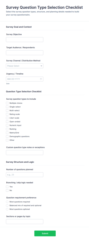 Survey Question Type Selection Checklist Form Template