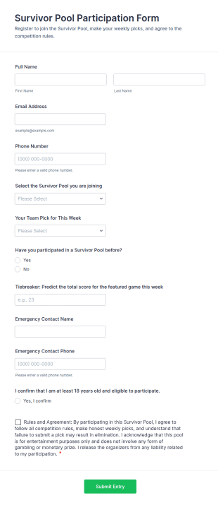 Survivor Pool Participation Form Template