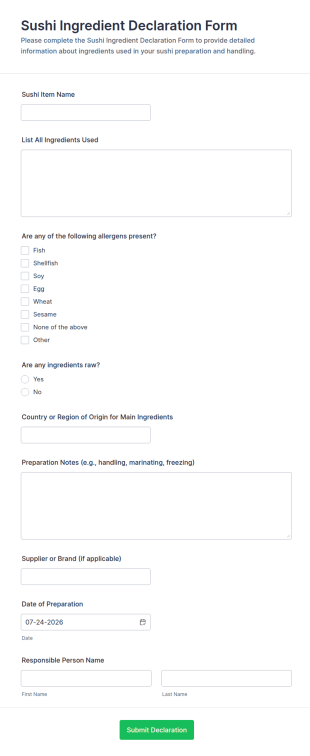Sushi Ingredient Declaration Form Template