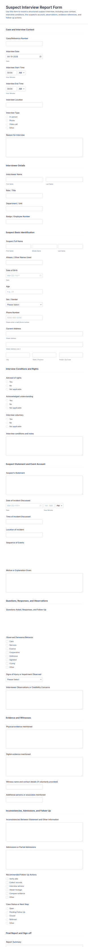 Suspect Interview Report Form Template