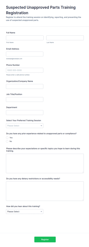 Suspected Unapproved Parts Training Registration Form Template