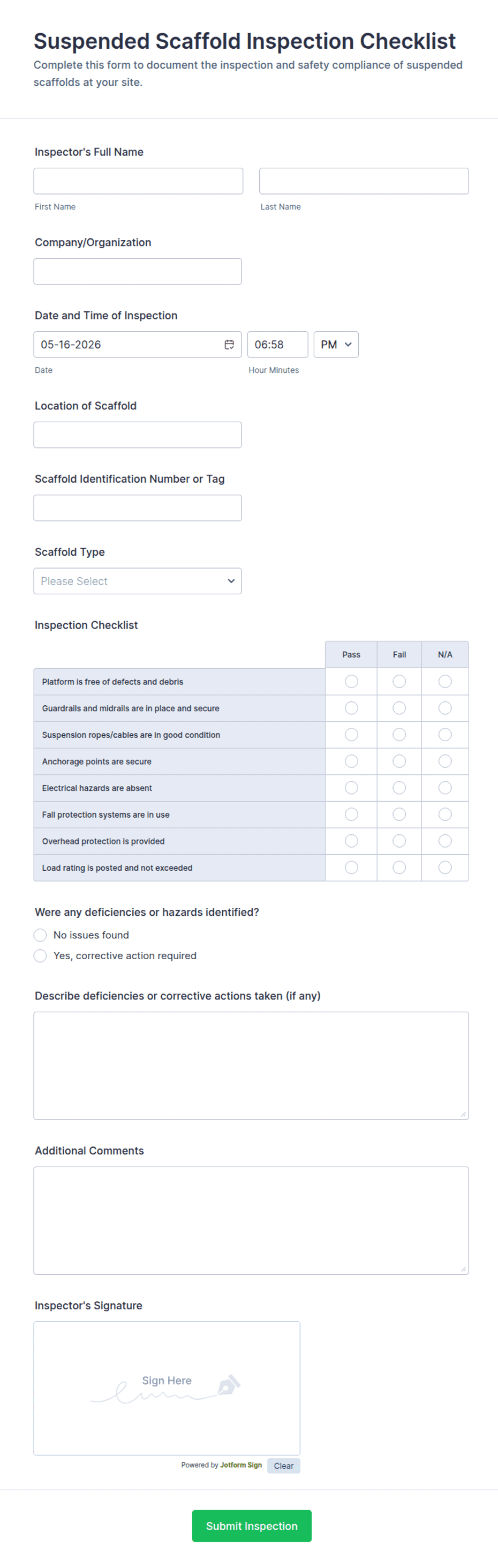 Suspended Scaffold Inspection Checklist Form Template | Jotform