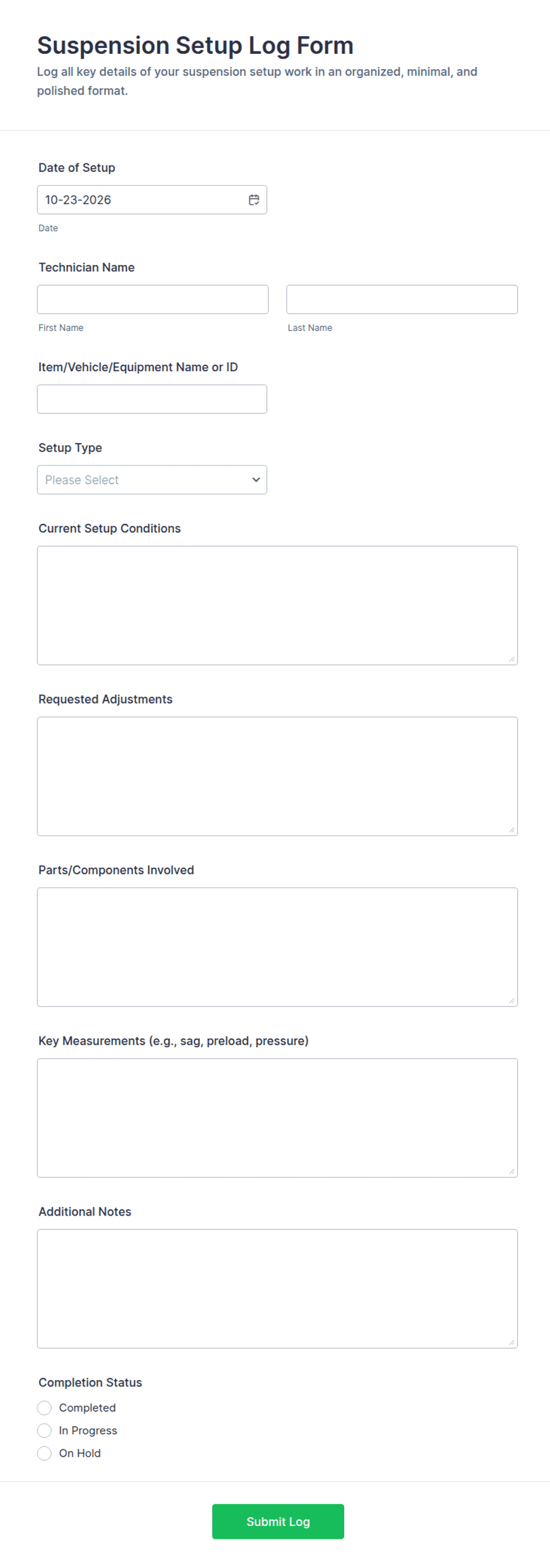 Suspension Setup Log Form Template | Jotform