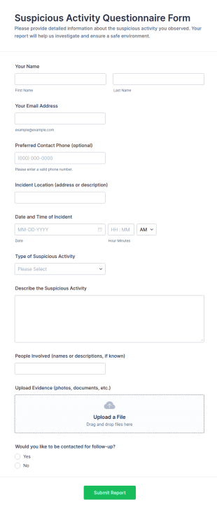 Suspicious Activity Questionnaire Form Template