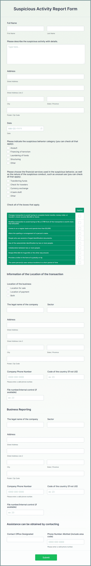 Suspicious Activity Report Form Template