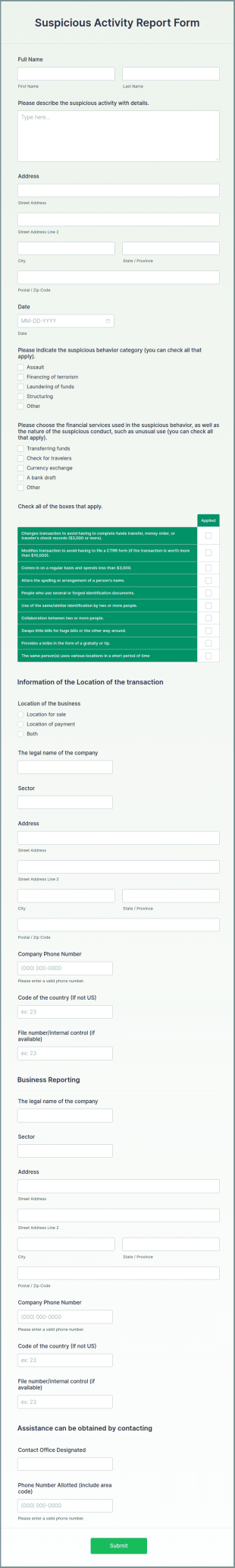 Suspicious Activity Report Form Template