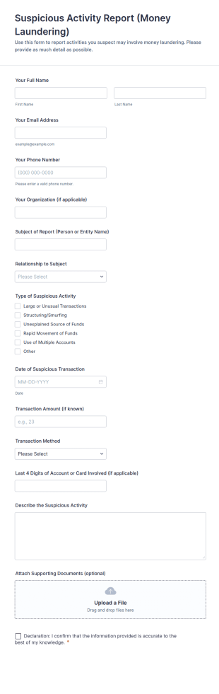 Money Laundering Suspicious Activity Report Form Template