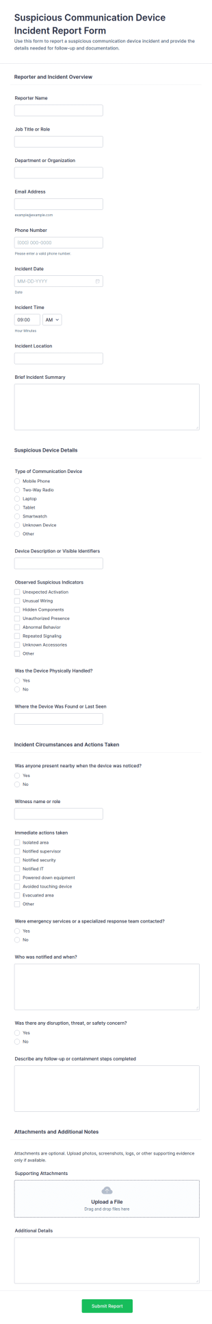 Suspicious Communication Device Incident Report Form Template