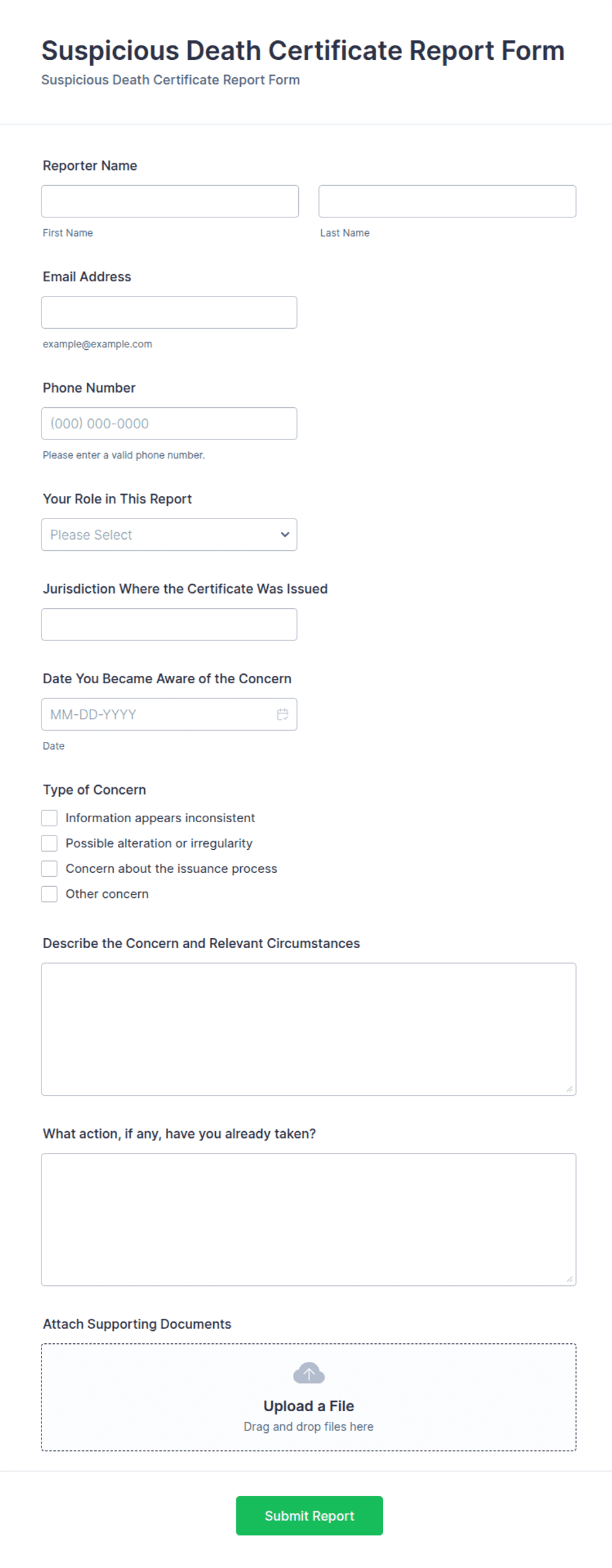 Raport Form Suspicious Death Certificate Report Form Template | Jotform