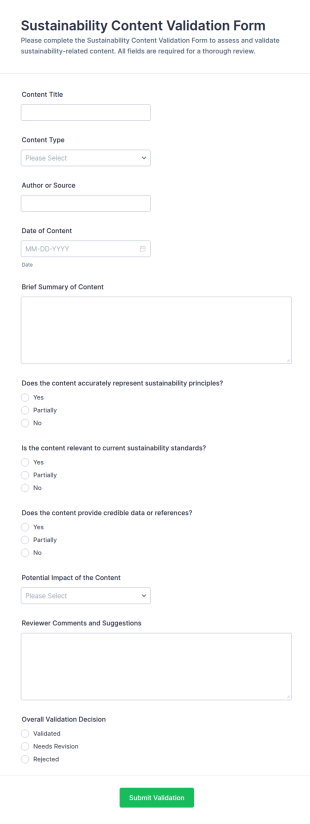 Sustainability Content Validation Form Template