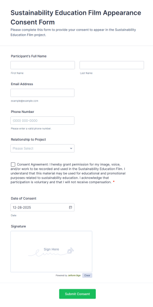 Sustainability Education Film Appearance Consent Form Template