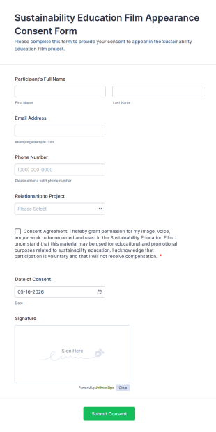 Sustainability Education Film Appearance Consent Form Template