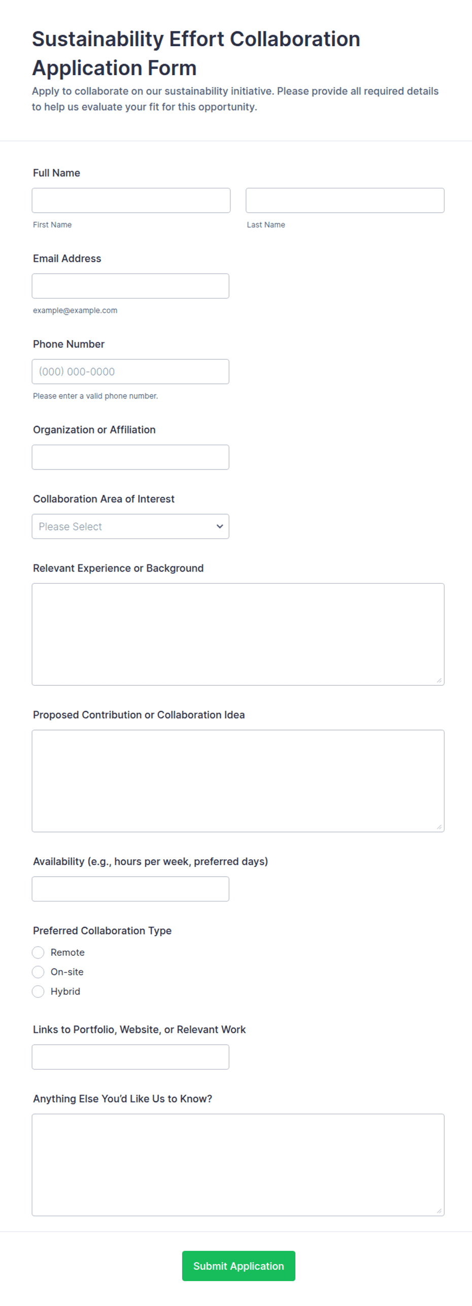 Sustainability Effort Collaboration Application Form Template | Jotform