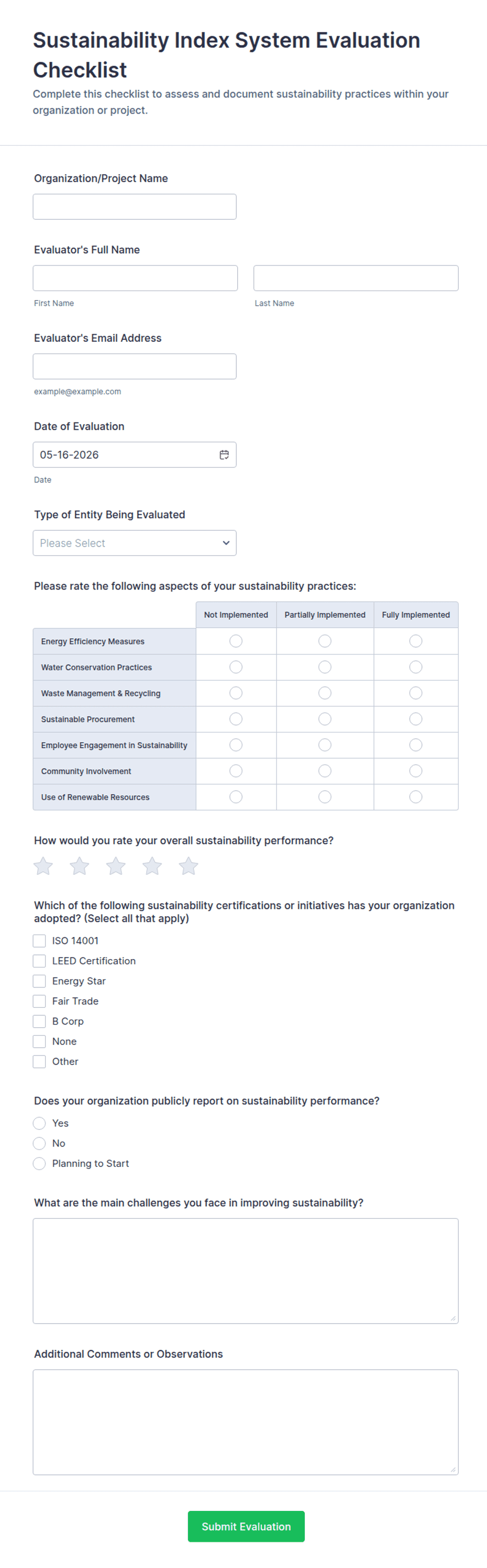 Sustainability Index System Evaluation Checklist Form Template | Jotform