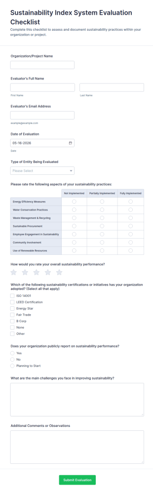 Sustainability Index System Evaluation Checklist Form Template